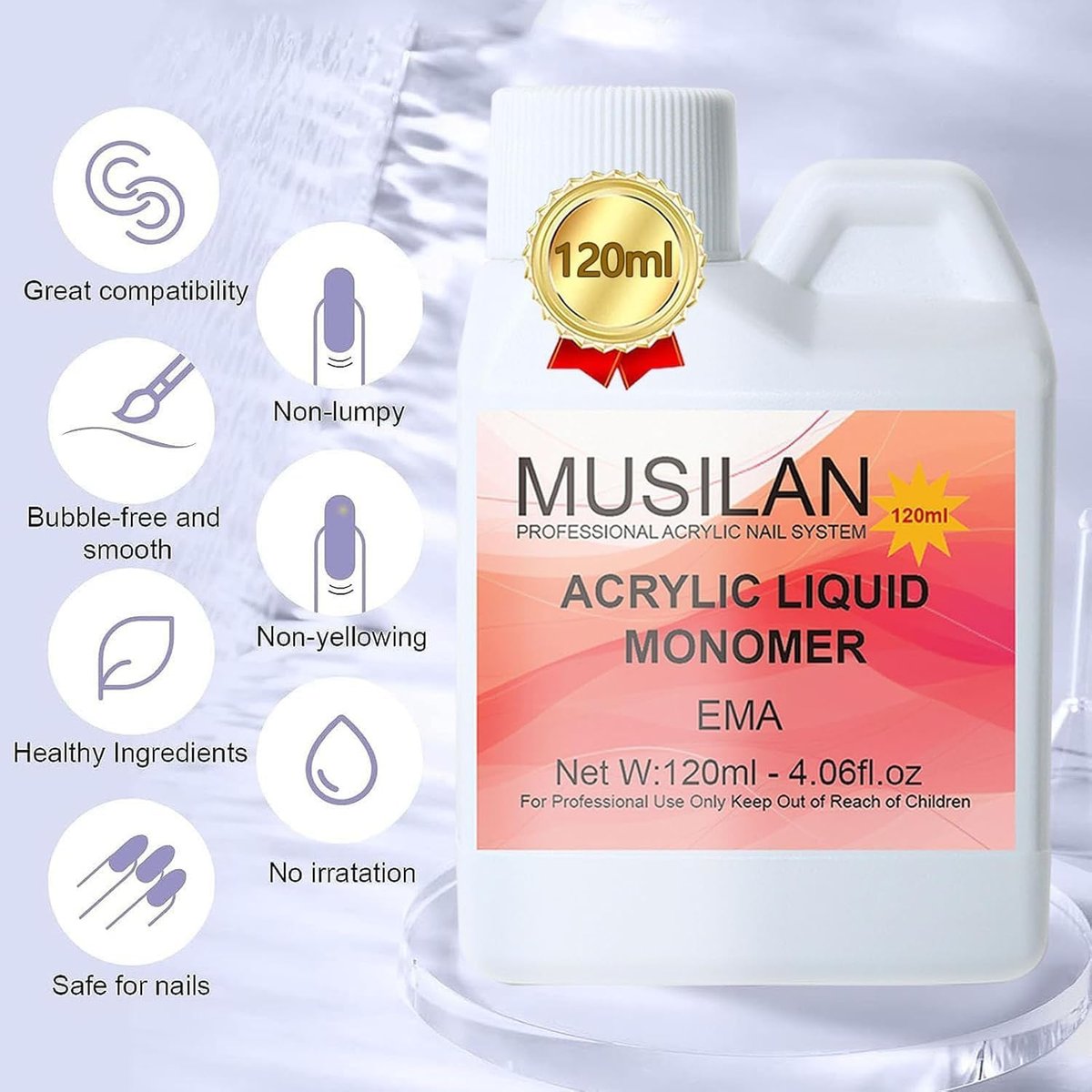 MUSILAN Monomer Acrylic Nail Liquid 4oz – Professional Acrylic Liquid for Acrylic Powder, Non-Yellowing Formula with 5pcs Nail Brush Dappen Dish Set for Beginners & DIY Nail Extension - görsel 3