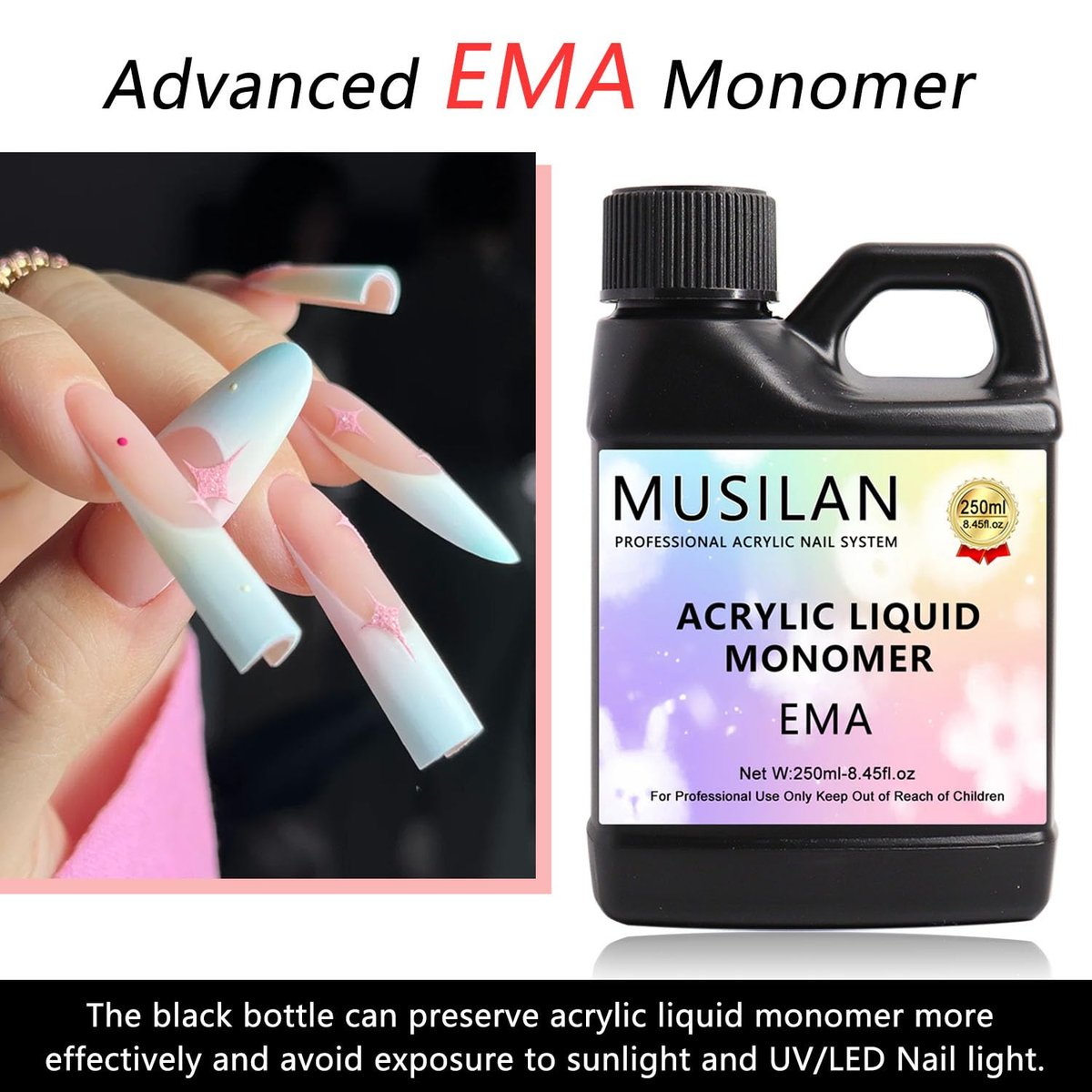 MUSILAN Monomer Acrylic Nail Liquid - 8.45oz Professional MMA-Free Non-Yellowing Monomer for Acrylic Powder, Ideal for Beginners & Salon Nail Extension Carving Avelisse