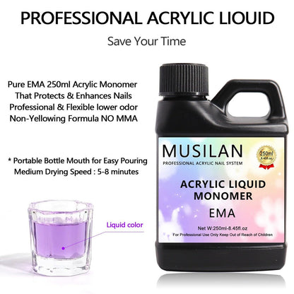 MUSILAN Monomer Acrylic Nail Liquid - 8.45oz Professional MMA-Free Non-Yellowing Monomer for Acrylic Powder, Ideal for Beginners & Salon Nail Extension Carving Avelisse