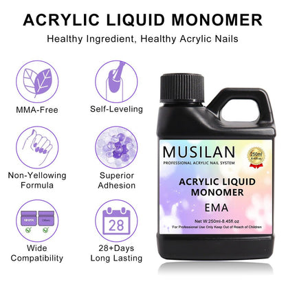 MUSILAN Monomer Acrylic Nail Liquid - 8.45oz Professional MMA-Free Non-Yellowing Monomer for Acrylic Powder, Ideal for Beginners & Salon Nail Extension Carving Avelisse