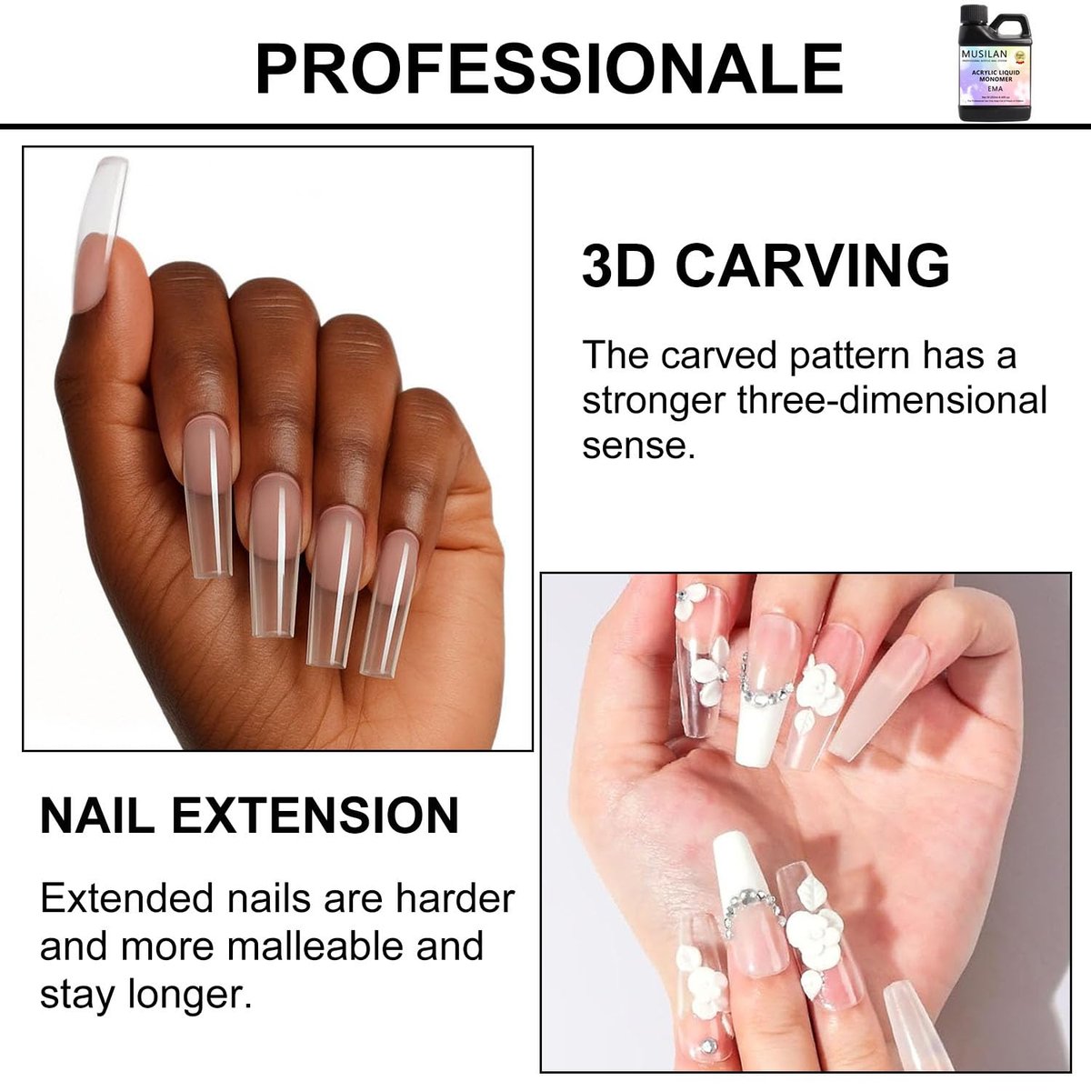 MUSILAN Monomer Acrylic Nail Liquid - 8.45oz Professional MMA-Free Non-Yellowing Monomer for Acrylic Powder, Ideal for Beginners & Salon Nail Extension Carving Avelisse