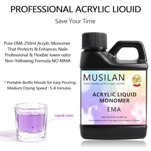 MUSILAN Monomer Acrylic Nail Liquid - 8.45oz Professional MMA-Free Non-Yellowing Monomer for Acrylic Powder, Ideal for Beginners & Salon Nail Extension Carving Avelisse