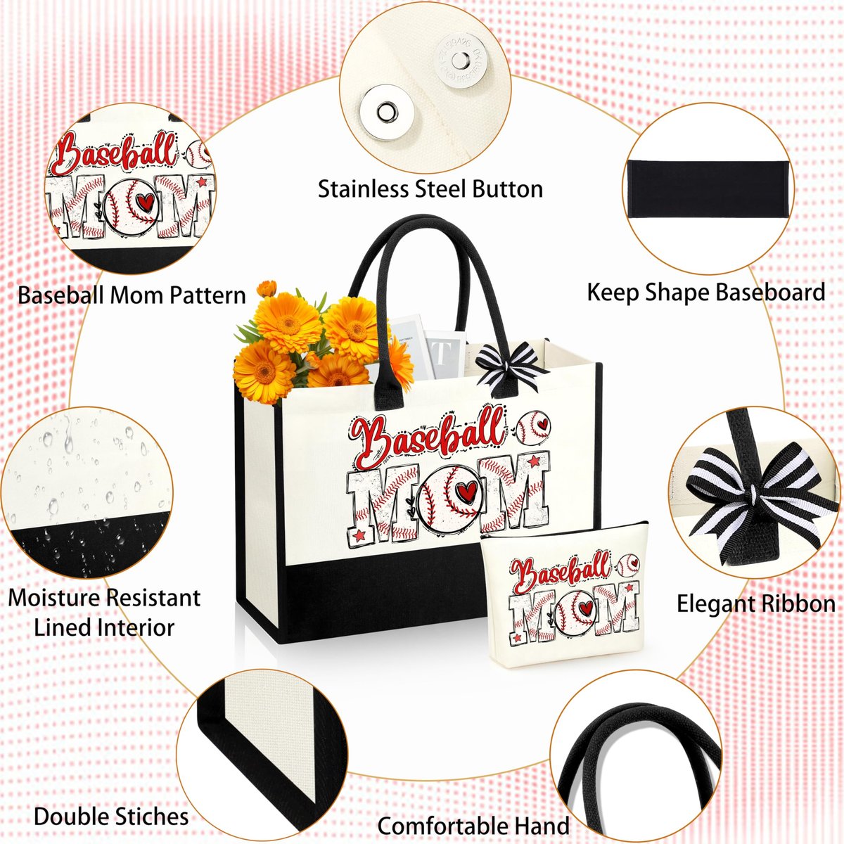 SiplyHaven Baseball Mom Gifts - Large Canvas Cosmetic Tote Bag for Women - Valentine's Day Birthday Gifts Avelisse