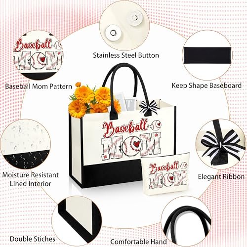 SiplyHaven Baseball Mom Gifts - Large Canvas Cosmetic Tote Bag for Women - Valentine's Day Birthday Gifts Avelisse