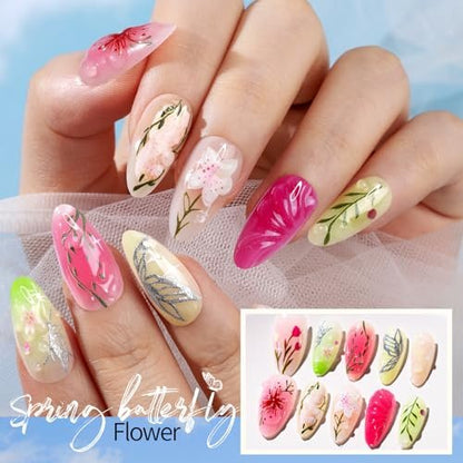 FANDAMEI Press on Nails - 120PCS 4 Styles 3D Flower Short Almond Fake Nails, Butterfly Spring Summer Nails for Women