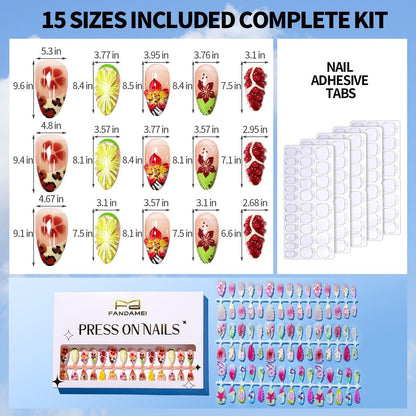 FANDAMEI Press on Nails - 120PCS 4 Styles 3D Flower Short Almond Fake Nails, Butterfly Spring Summer Nails for Women