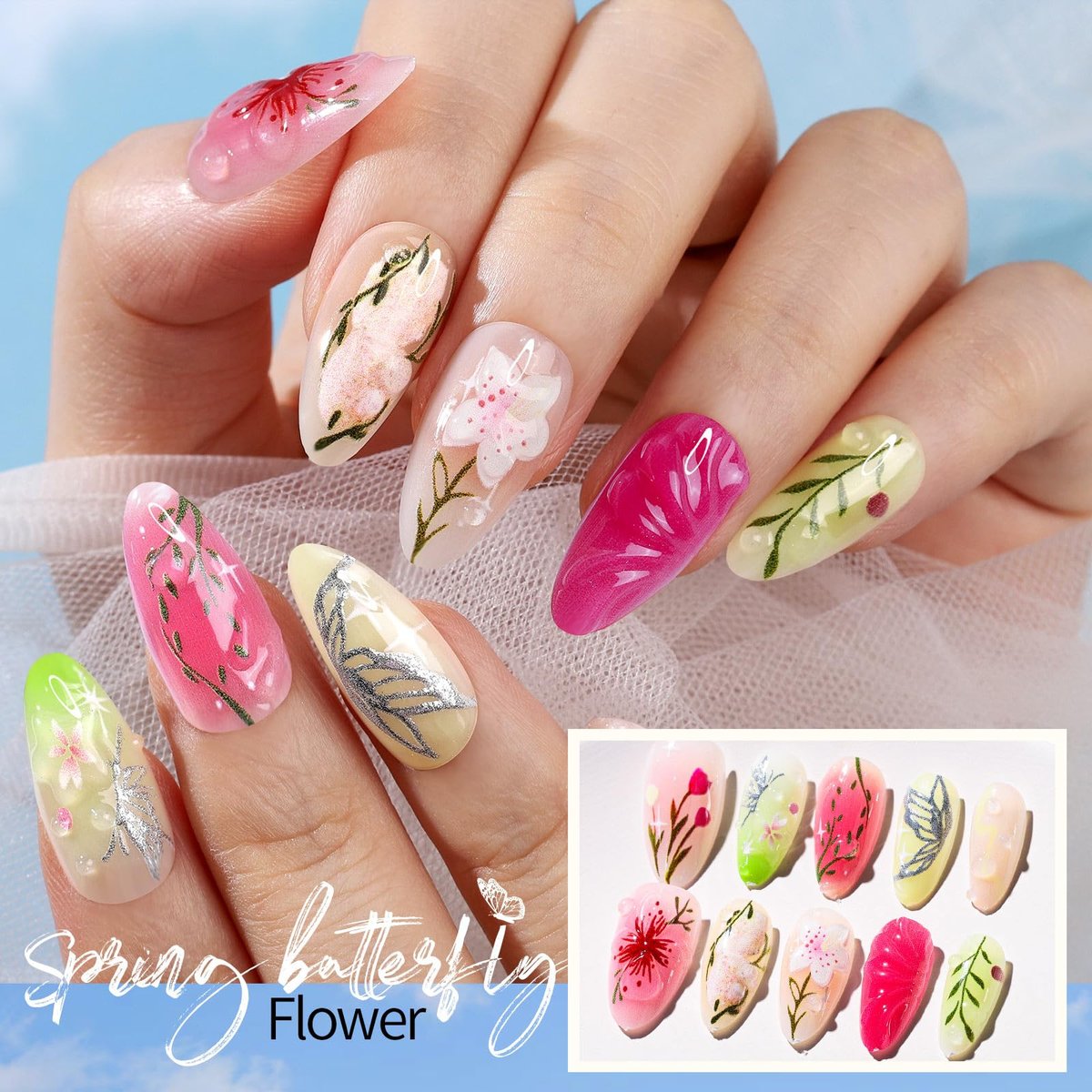 FANDAMEI Press on Nails - 120PCS 4 Styles 3D Flower Short Almond Fake Nails, Butterfly Spring Summer Nails for Women - görsel 5