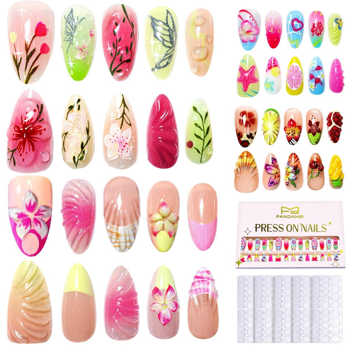 FANDAMEI Press on Nails - 120PCS 4 Styles 3D Flower Short Almond Fake Nails, Butterfly Spring Summer Nails for Women - görsel 1