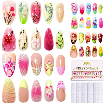 FANDAMEI Press on Nails - 120PCS 4 Styles 3D Flower Short Almond Fake Nails, Butterfly Spring Summer Nails for Women