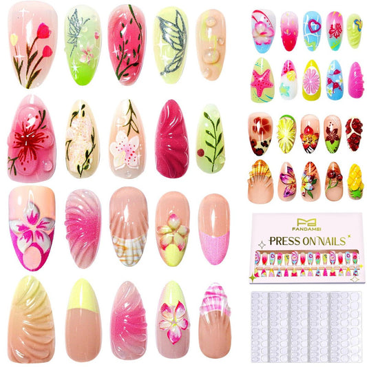 FANDAMEI Press on Nails - 120PCS 4 Styles 3D Flower Short Almond Fake Nails, Butterfly Spring Summer Nails for Women