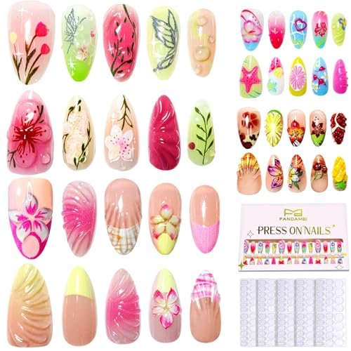 FANDAMEI Press on Nails - 120PCS 4 Styles 3D Flower Short Almond Fake Nails, Butterfly Spring Summer Nails for Women - görsel 2