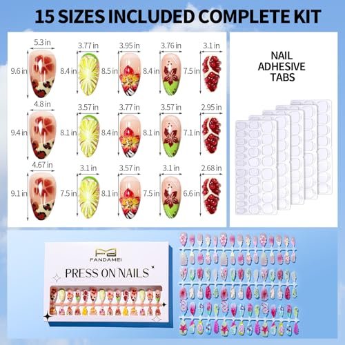 FANDAMEI Press on Nails - 120PCS 4 Styles 3D Flower Short Almond Fake Nails, Butterfly Spring Summer Nails for Women - görsel 12