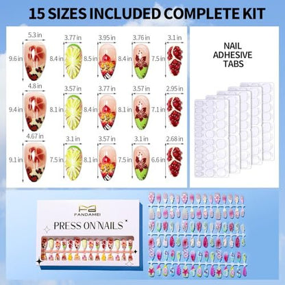 FANDAMEI Press on Nails - 120PCS 4 Styles 3D Flower Short Almond Fake Nails, Butterfly Spring Summer Nails for Women