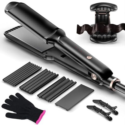 Professional Hair Crimper Waver with 4 Interchangeable Ceramic Plates – Auto Temperature Control, Quick Heat, Wide Plate Styling Tool for All Hair Types Avelisse
