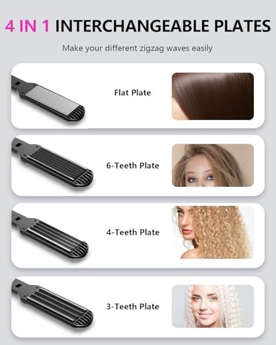 Professional Hair Crimper Waver with 4 Interchangeable Ceramic Plates – Auto Temperature Control, Quick Heat, Wide Plate Styling Tool for All Hair Types Avelisse