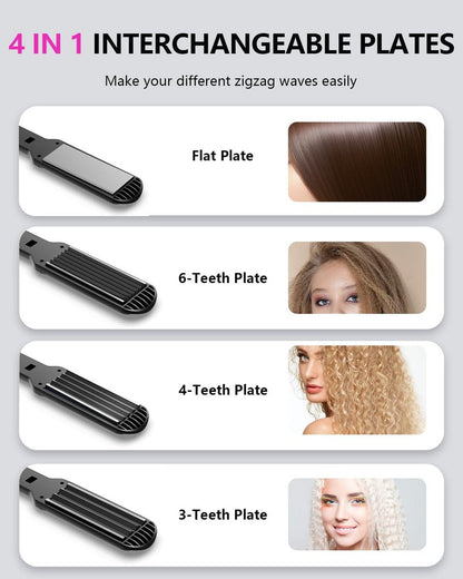 Professional Hair Crimper Waver with 4 Interchangeable Ceramic Plates – Auto Temperature Control, Quick Heat, Wide Plate Styling Tool for All Hair Types Avelisse