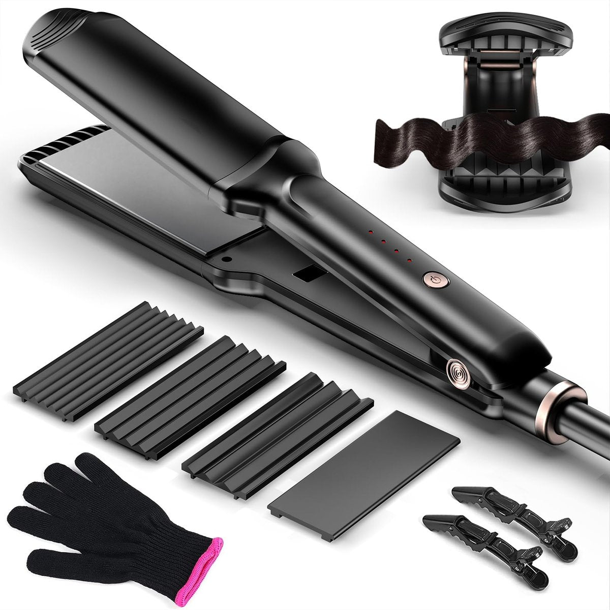 Professional Hair Crimper Waver with 4 Interchangeable Ceramic Plates – Auto Temperature Control, Quick Heat, Wide Plate Styling Tool for All Hair Types Avelisse