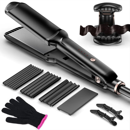 Professional Hair Crimper Waver with 4 Interchangeable Ceramic Plates – Auto Temperature Control, Quick Heat, Wide Plate Styling Tool for All Hair Types Avelisse