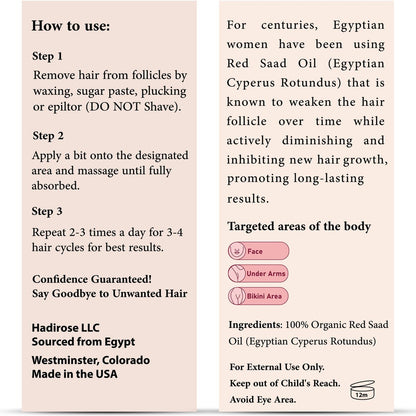 SILKY RED 100% Egyptian Cyperus Rotundus Hair Removal Oil - Pure Red Saad Oil Concentrate for Post-Wax Care, Skin Nourisher & Hair Growth Inhibitor, Original Scent, Made in USA (1 Fl Oz) Avelisse