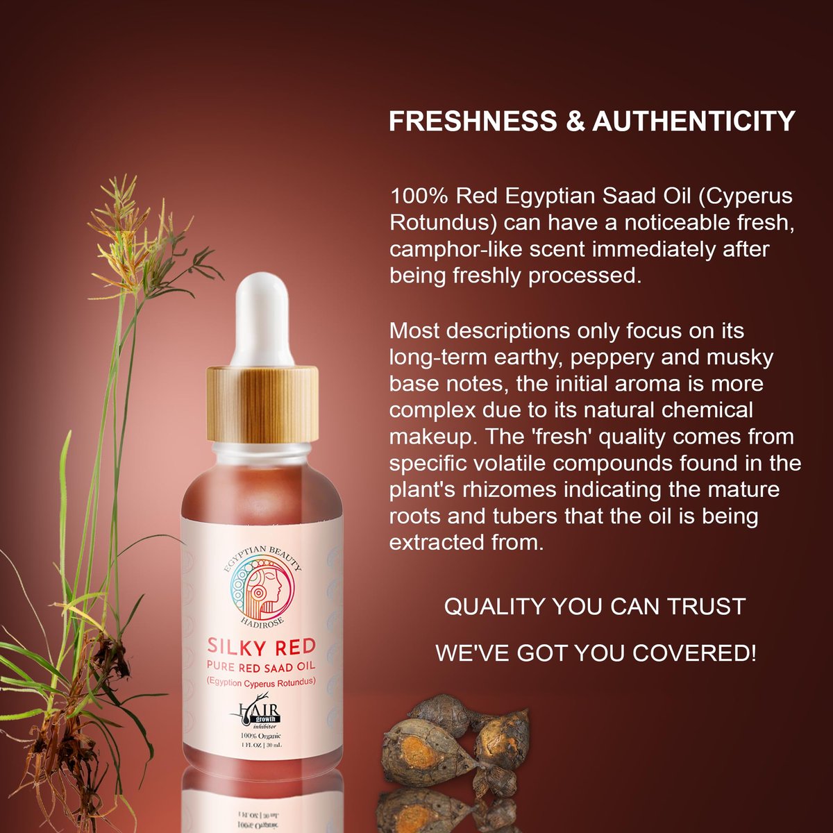 SILKY RED 100% Egyptian Cyperus Rotundus Hair Removal Oil - Pure Red Saad Oil Concentrate for Post-Wax Care, Skin Nourisher & Hair Growth Inhibitor, Original Scent, Made in USA (1 Fl Oz) Avelisse