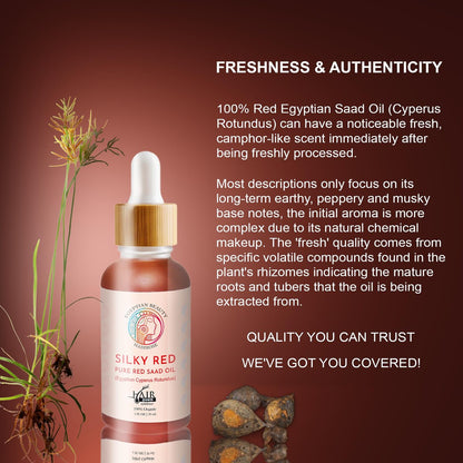 SILKY RED 100% Egyptian Cyperus Rotundus Hair Removal Oil - Pure Red Saad Oil Concentrate for Post-Wax Care, Skin Nourisher & Hair Growth Inhibitor, Original Scent, Made in USA (1 Fl Oz) Avelisse