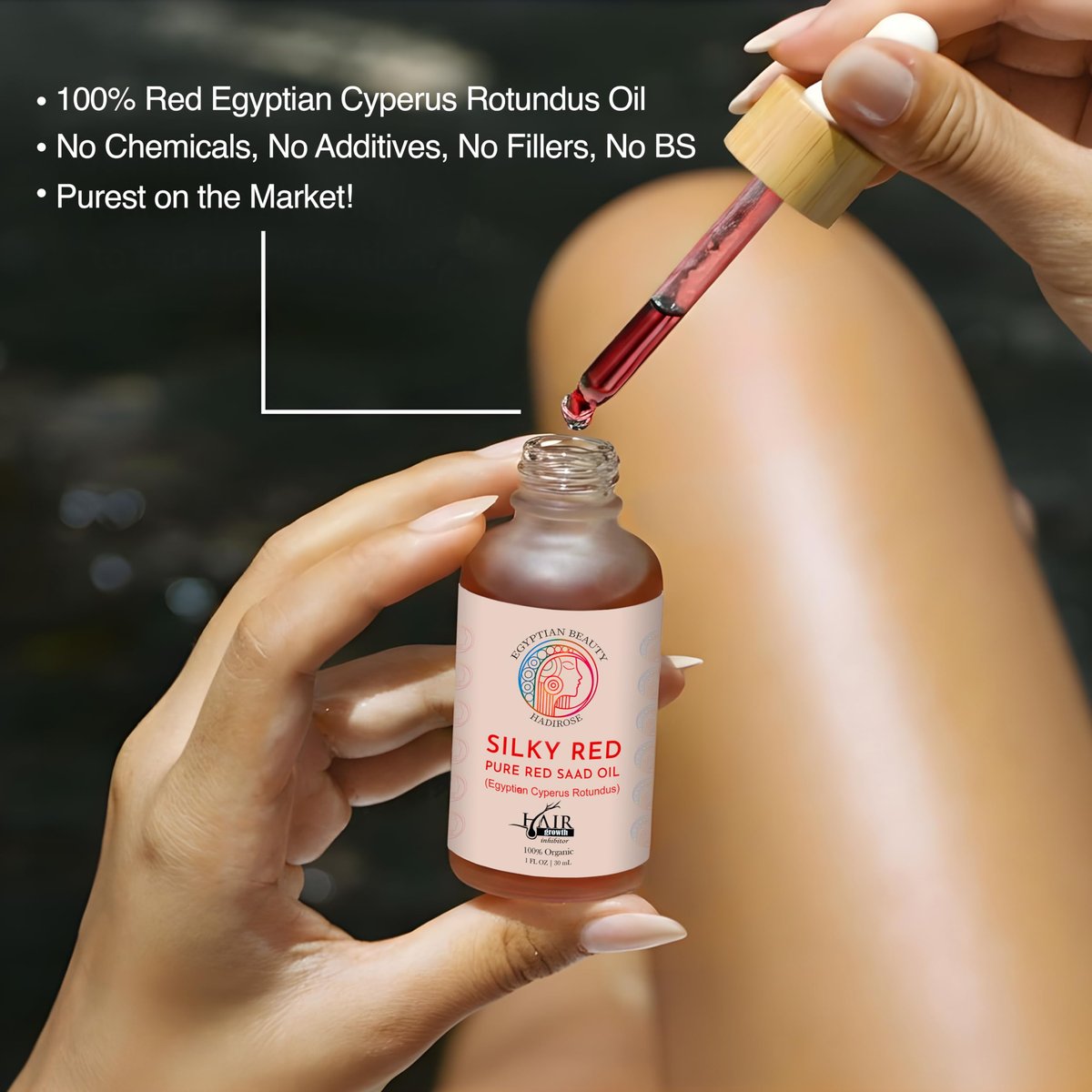 SILKY RED 100% Egyptian Cyperus Rotundus Hair Removal Oil - Pure Red Saad Oil Concentrate for Post-Wax Care, Skin Nourisher & Hair Growth Inhibitor, Original Scent, Made in USA (1 Fl Oz) Avelisse