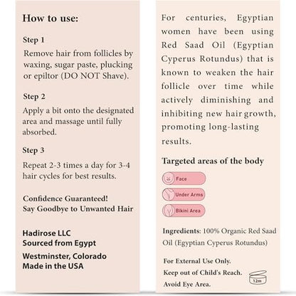 SILKY RED 100% Egyptian Cyperus Rotundus Hair Removal Oil - Pure Red Saad Oil Concentrate for Post-Wax Care, Skin Nourisher & Hair Growth Inhibitor, Original Scent, Made in USA (1 Fl Oz) Avelisse