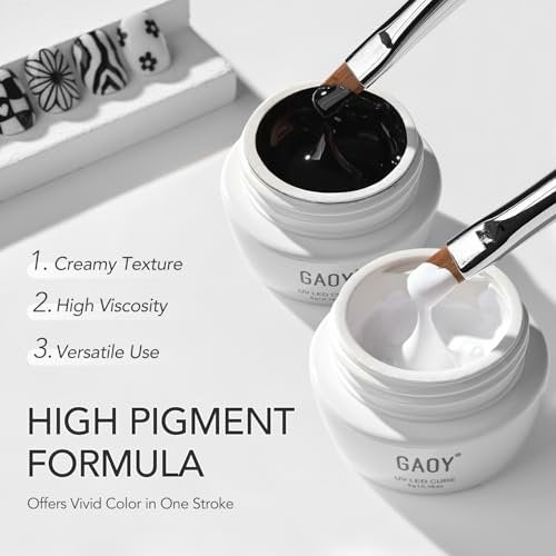GAOY Black & White Painting Gel for Nail Art, No Wipe Creamy Gel Polish for Lines, Floral Designs, Patterns or French Nail Salon and Home DIY, UV Light Cure - görsel 8