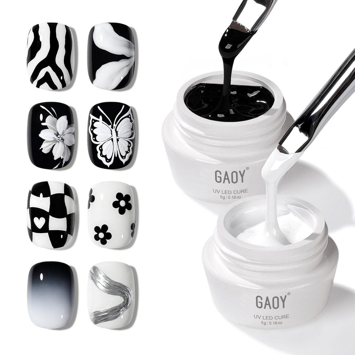 GAOY Black & White Painting Gel for Nail Art, No Wipe Creamy Gel Polish for Lines, Floral Designs, Patterns or French Nail Salon and Home DIY, UV Light Cure - görsel 1