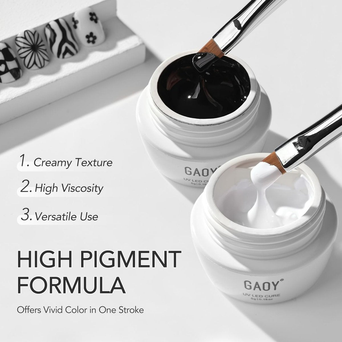 GAOY Black & White Painting Gel for Nail Art, No Wipe Creamy Gel Polish for Lines, Floral Designs, Patterns or French Nail Salon and Home DIY, UV Light Cure - görsel 7