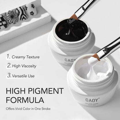 GAOY Black & White Painting Gel for Nail Art, No Wipe Creamy Gel Polish for Lines, Floral Designs, Patterns or French Nail Salon and Home DIY, UV Light Cure