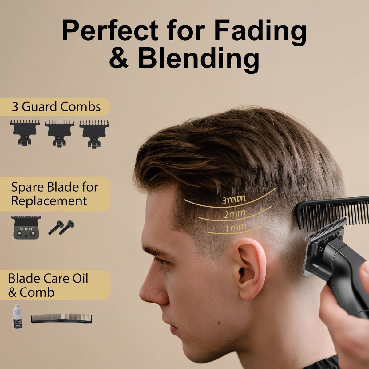KEMEI 2299 Hair Trimmer for Men - Zero Gapped T-Blade Clippers for Edging & Lining, Cordless Barber Liners with Extra Replacement Blade, USB Rechargeable Grooming Kit for Beard & Dry Shaving (Black) Avelisse