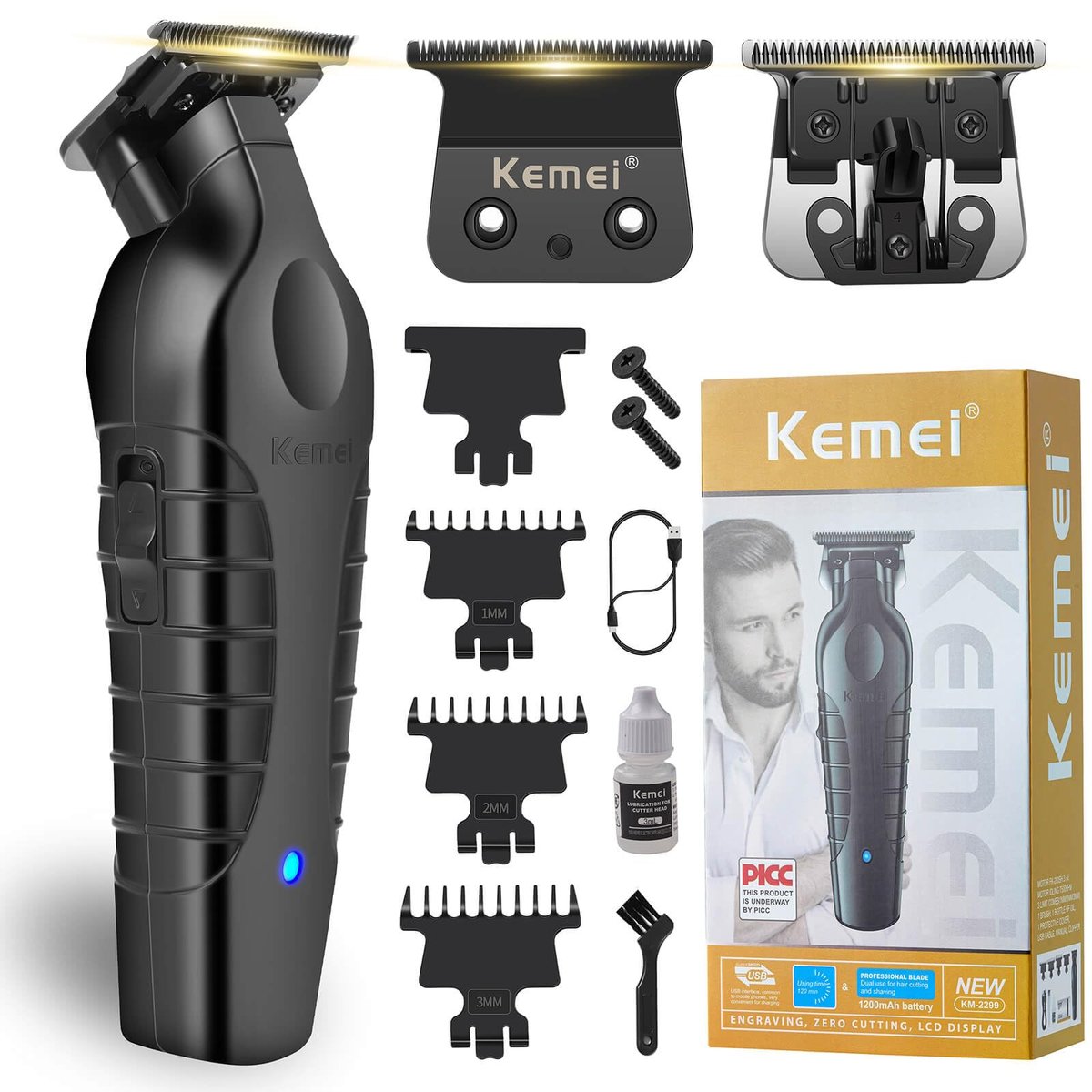 KEMEI 2299 Hair Trimmer for Men - Zero Gapped T-Blade Clippers for Edging & Lining, Cordless Barber Liners with Extra Replacement Blade, USB Rechargeable Grooming Kit for Beard & Dry Shaving (Black) Avelisse