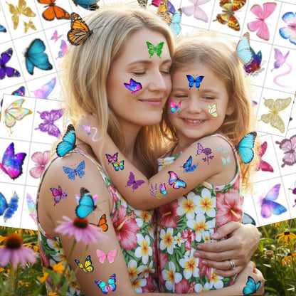 Glitter Butterfly Temporary Tattoos | 60 Pcs 4 Sheets Pre-cut Tattoo Stickers for Kids, Teens, Adults | Butterfly Party Favors & Birthday Decorations