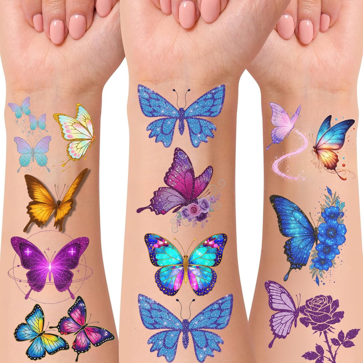 Glitter Butterfly Temporary Tattoos | 60 Pcs 4 Sheets Pre-cut Tattoo Stickers for Kids, Teens, Adults | Butterfly Party Favors & Birthday Decorations - görsel 2