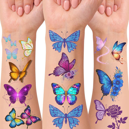Glitter Butterfly Temporary Tattoos | 60 Pcs 4 Sheets Pre-cut Tattoo Stickers for Kids, Teens, Adults | Butterfly Party Favors & Birthday Decorations