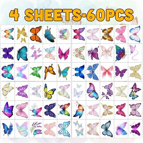 Glitter Butterfly Temporary Tattoos | 60 Pcs 4 Sheets Pre-cut Tattoo Stickers for Kids, Teens, Adults | Butterfly Party Favors & Birthday Decorations - görsel 13