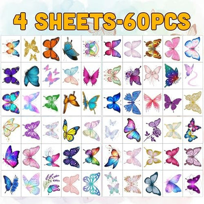 Glitter Butterfly Temporary Tattoos | 60 Pcs 4 Sheets Pre-cut Tattoo Stickers for Kids, Teens, Adults | Butterfly Party Favors & Birthday Decorations