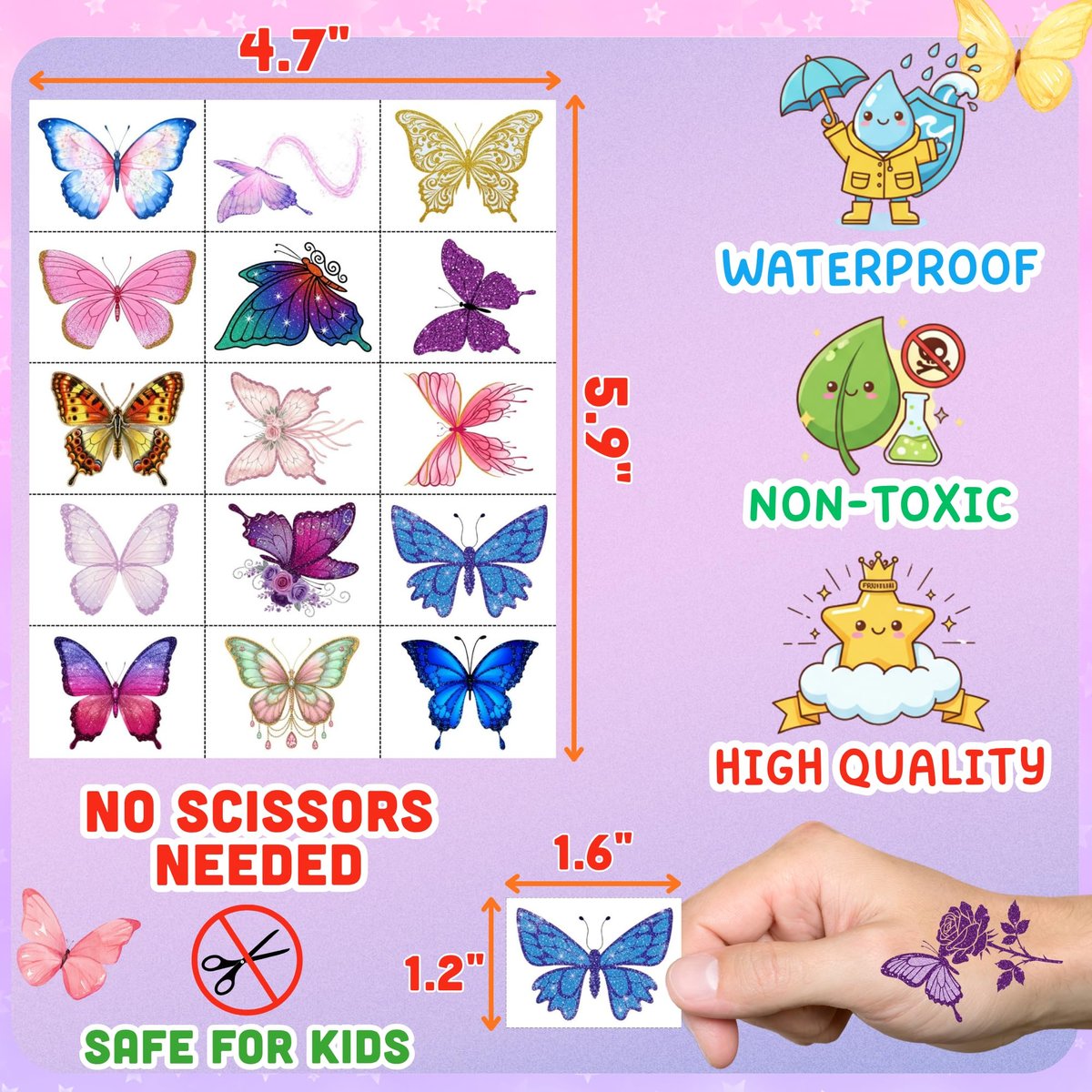 Glitter Butterfly Temporary Tattoos | 60 Pcs 4 Sheets Pre-cut Tattoo Stickers for Kids, Teens, Adults | Butterfly Party Favors & Birthday Decorations - görsel 8