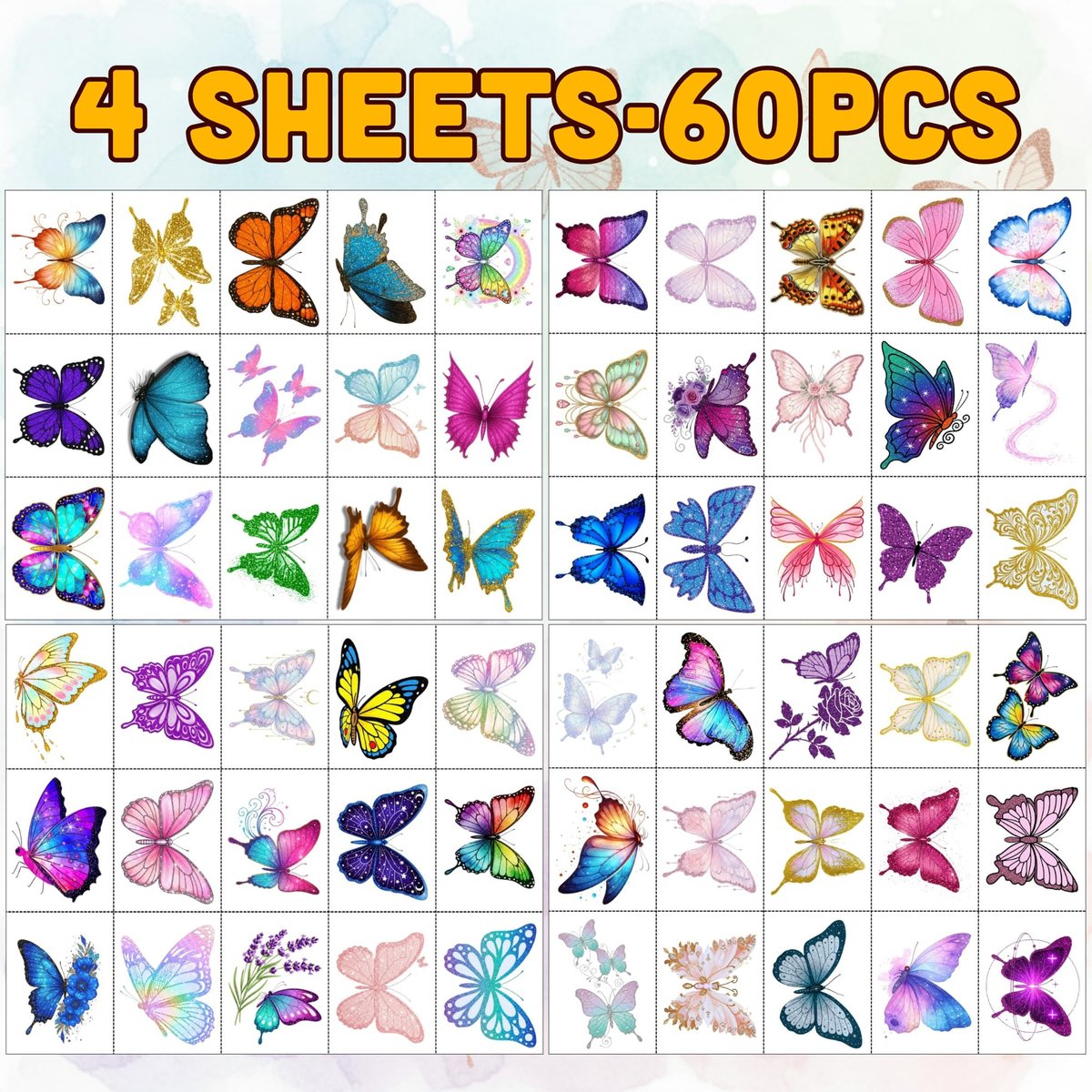 Glitter Butterfly Temporary Tattoos | 60 Pcs 4 Sheets Pre-cut Tattoo Stickers for Kids, Teens, Adults | Butterfly Party Favors & Birthday Decorations - görsel 14
