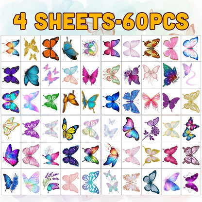 Glitter Butterfly Temporary Tattoos | 60 Pcs 4 Sheets Pre-cut Tattoo Stickers for Kids, Teens, Adults | Butterfly Party Favors & Birthday Decorations