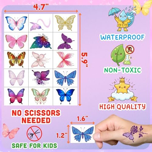 Glitter Butterfly Temporary Tattoos | 60 Pcs 4 Sheets Pre-cut Tattoo Stickers for Kids, Teens, Adults | Butterfly Party Favors & Birthday Decorations - görsel 7