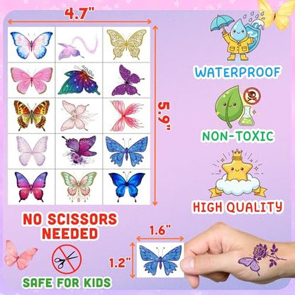 Glitter Butterfly Temporary Tattoos | 60 Pcs 4 Sheets Pre-cut Tattoo Stickers for Kids, Teens, Adults | Butterfly Party Favors & Birthday Decorations