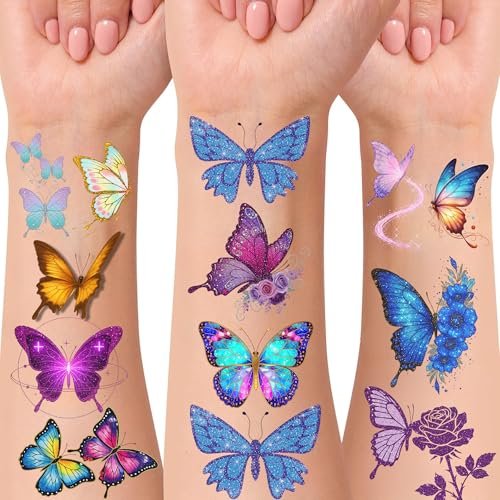 Glitter Butterfly Temporary Tattoos | 60 Pcs 4 Sheets Pre-cut Tattoo Stickers for Kids, Teens, Adults | Butterfly Party Favors & Birthday Decorations - görsel 1