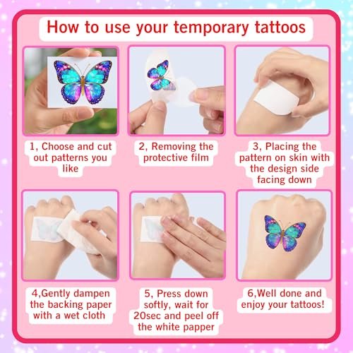 Glitter Butterfly Temporary Tattoos | 60 Pcs 4 Sheets Pre-cut Tattoo Stickers for Kids, Teens, Adults | Butterfly Party Favors & Birthday Decorations - görsel 17