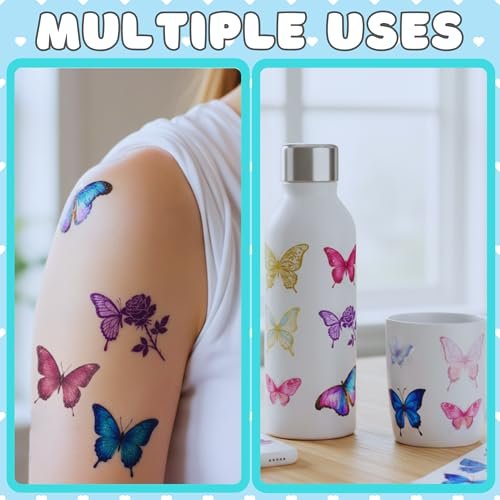 Glitter Butterfly Temporary Tattoos | 60 Pcs 4 Sheets Pre-cut Tattoo Stickers for Kids, Teens, Adults | Butterfly Party Favors & Birthday Decorations - görsel 15
