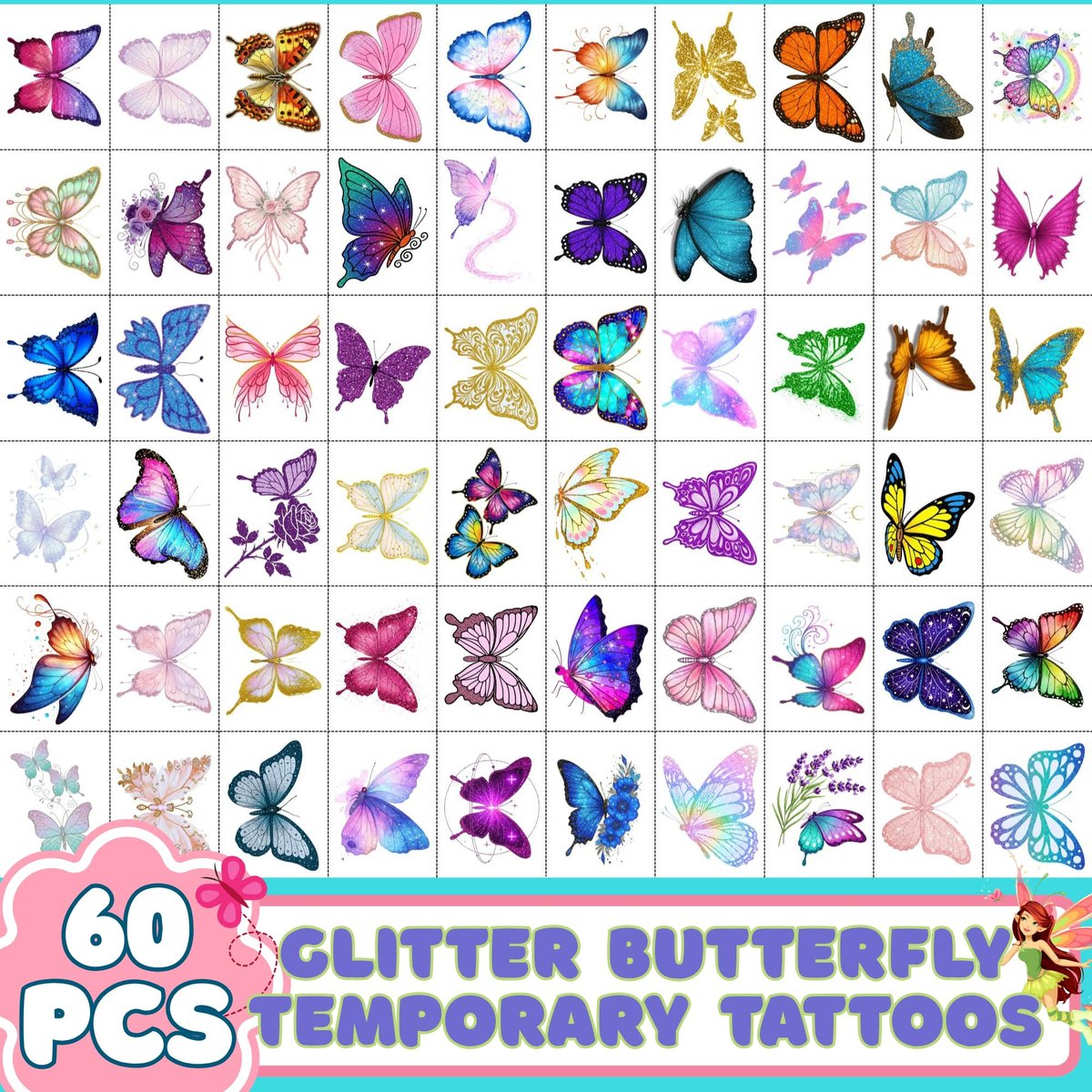 Glitter Butterfly Temporary Tattoos | 60 Pcs 4 Sheets Pre-cut Tattoo Stickers for Kids, Teens, Adults | Butterfly Party Favors & Birthday Decorations - görsel 4