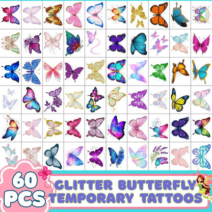 Glitter Butterfly Temporary Tattoos | 60 Pcs 4 Sheets Pre-cut Tattoo Stickers for Kids, Teens, Adults | Butterfly Party Favors & Birthday Decorations