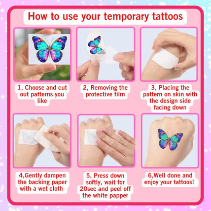 Glitter Butterfly Temporary Tattoos | 60 Pcs 4 Sheets Pre-cut Tattoo Stickers for Kids, Teens, Adults | Butterfly Party Favors & Birthday Decorations