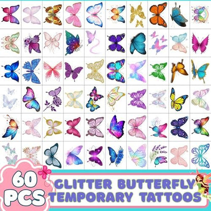 Glitter Butterfly Temporary Tattoos | 60 Pcs 4 Sheets Pre-cut Tattoo Stickers for Kids, Teens, Adults | Butterfly Party Favors & Birthday Decorations